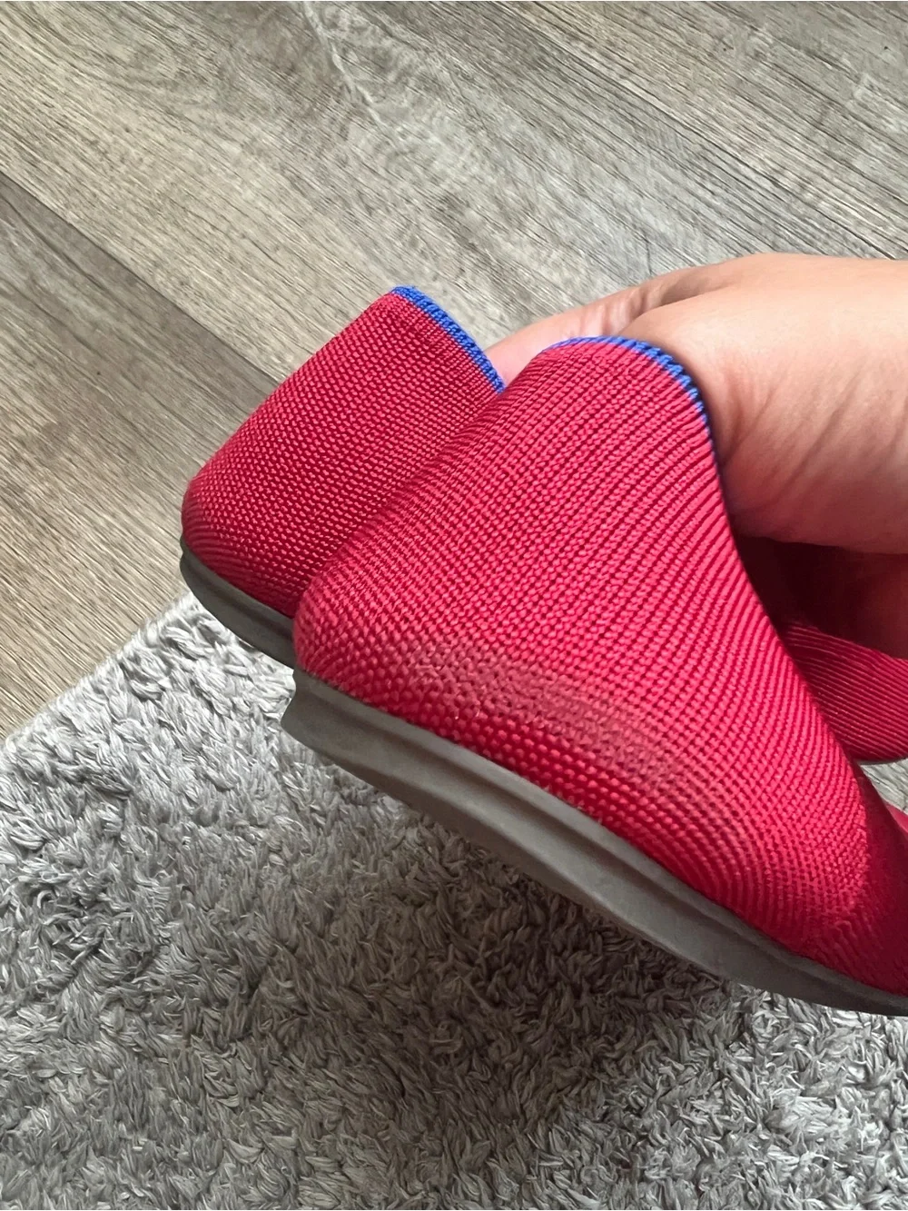 Rothy's Red Knit Pointed Ballet Flats with Blue Trim